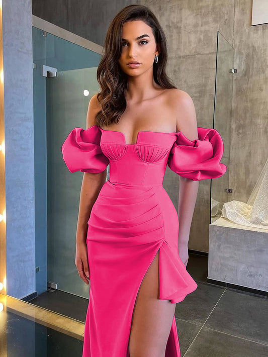 Cherrin Pink Bandage Puff Sleeves Midi Dress