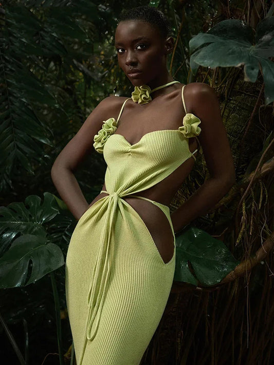 Korali Yellow Flower Bandage Backless Midi Dress