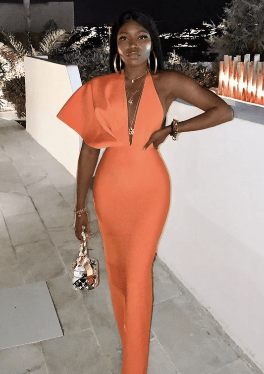 Galia Orange Backless V Neck Maxi Dress